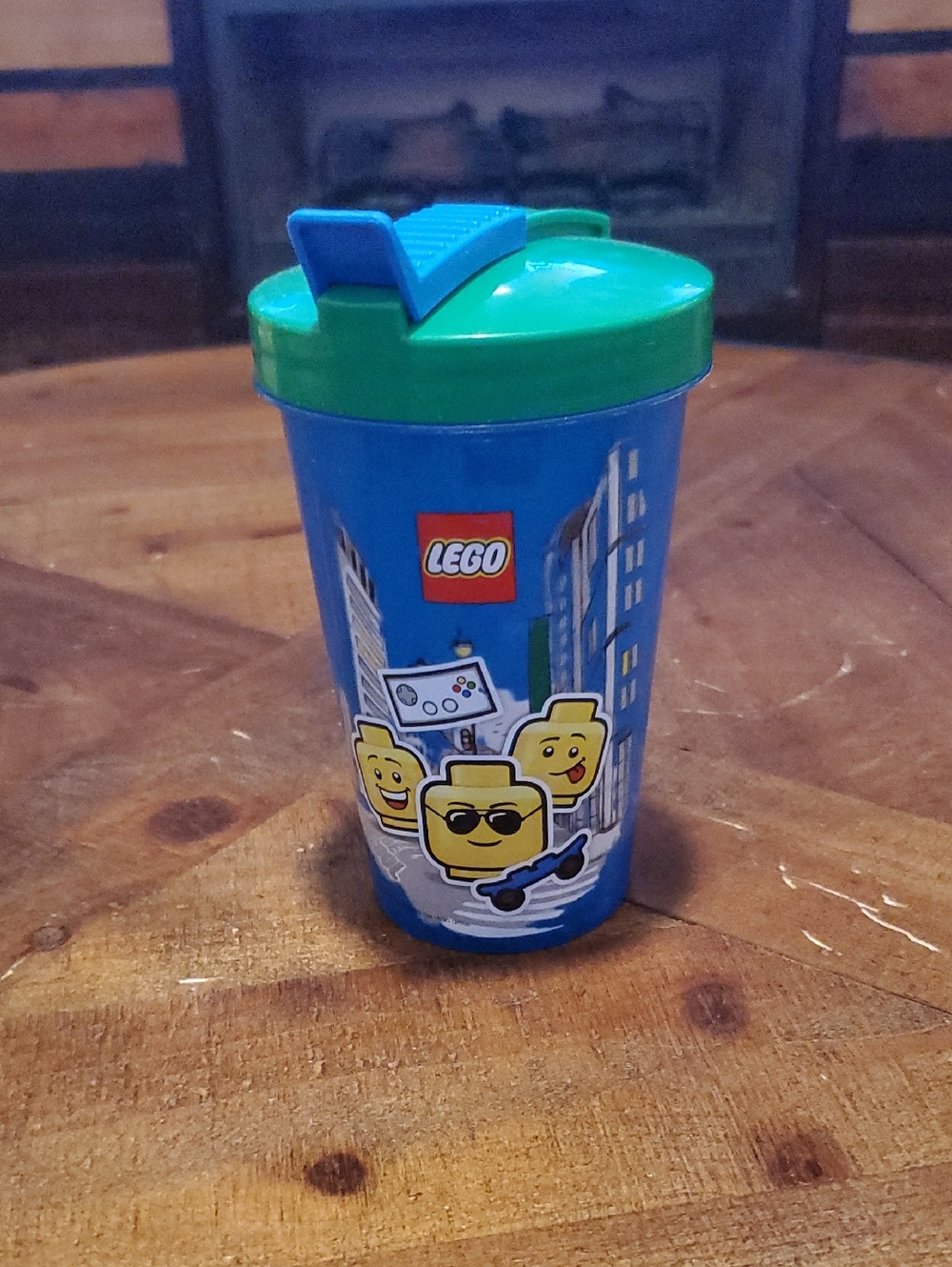 Lego Blue Cup with Green Flip-Top Lid and Minifigure Faces